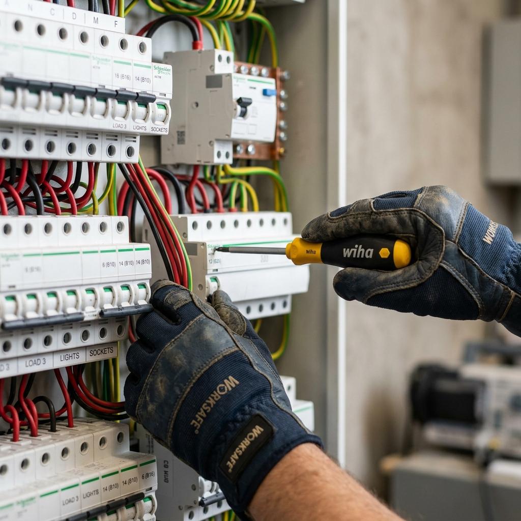 EAR Engineering electrician repairing a DB board with a screwdriver
